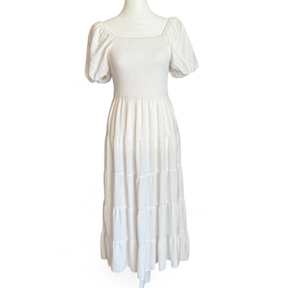 White Smocked Puff Sleeve Tiered Midi Dress, Coastal Cowgirl Summer, Size Small